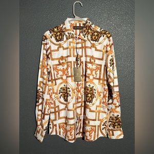 Brand New Moderno White and Golden Button Up Shirt With Golden Statue Heads.